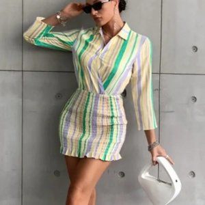 ZARA The Valery Cotton Smocked Block Stripe Shirred Frilled Hem Dress